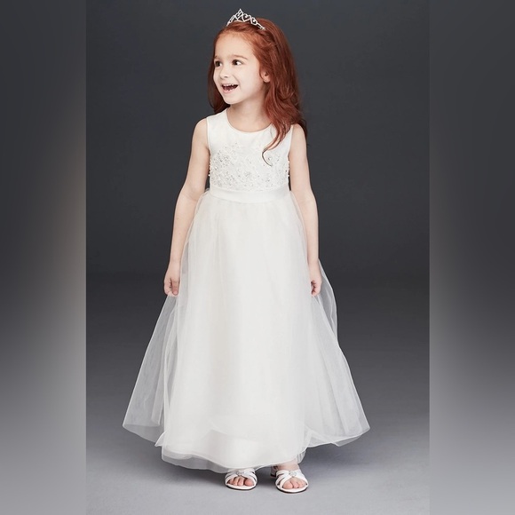 David’s Bridal Beaded Applique Flower Girl Dress Tulle Wedding 5 - Picture 1 of 8